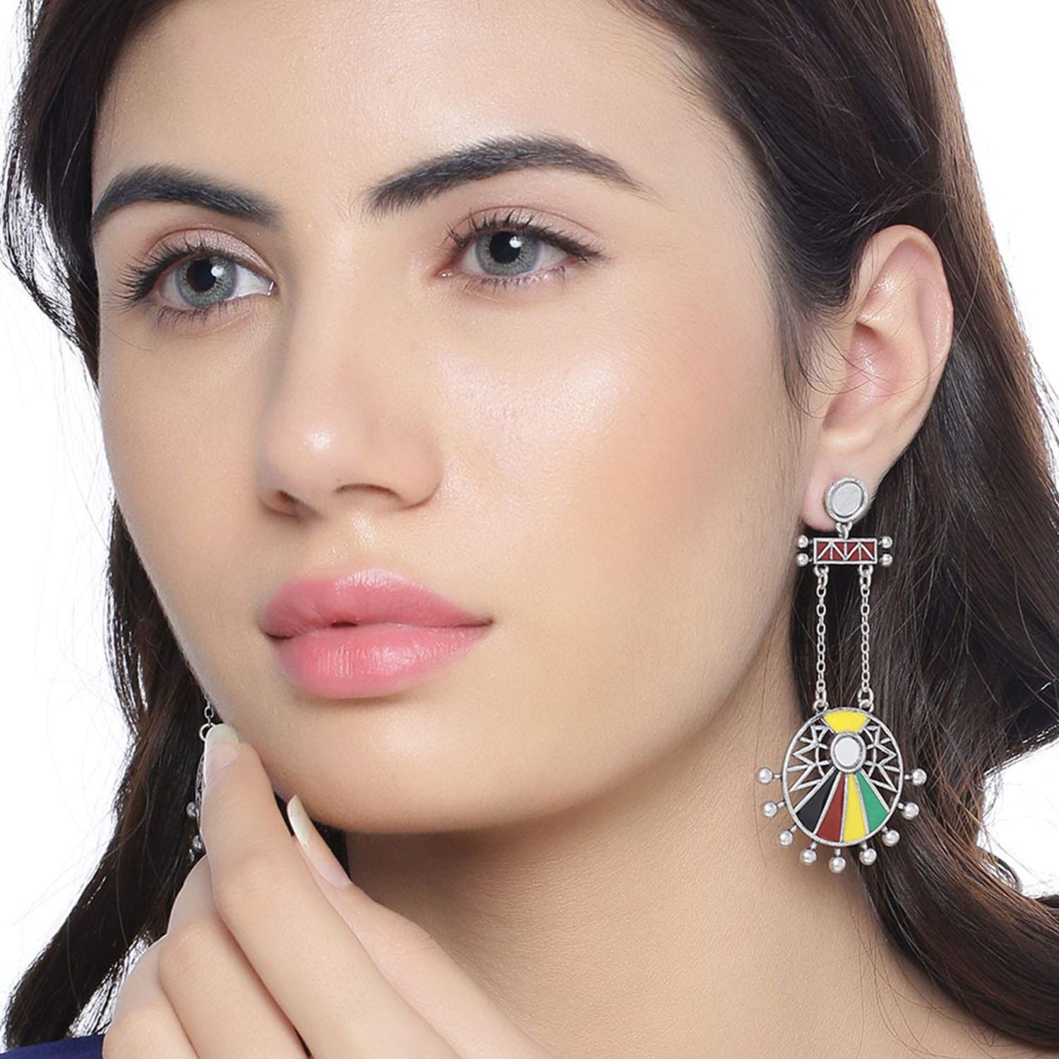 Brass Oxidised Colorful Circles Long Drop Earrings, Statement Style